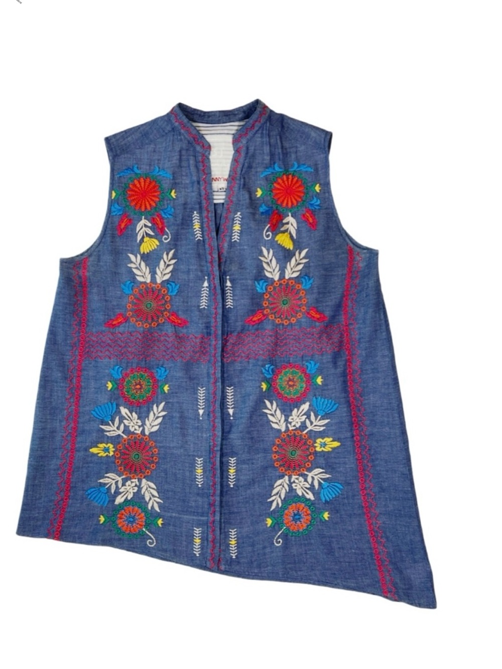 Johnny Was 3J Workshop Denim Chambray V Neck Tank Floral Embroidery Extra‎ Small